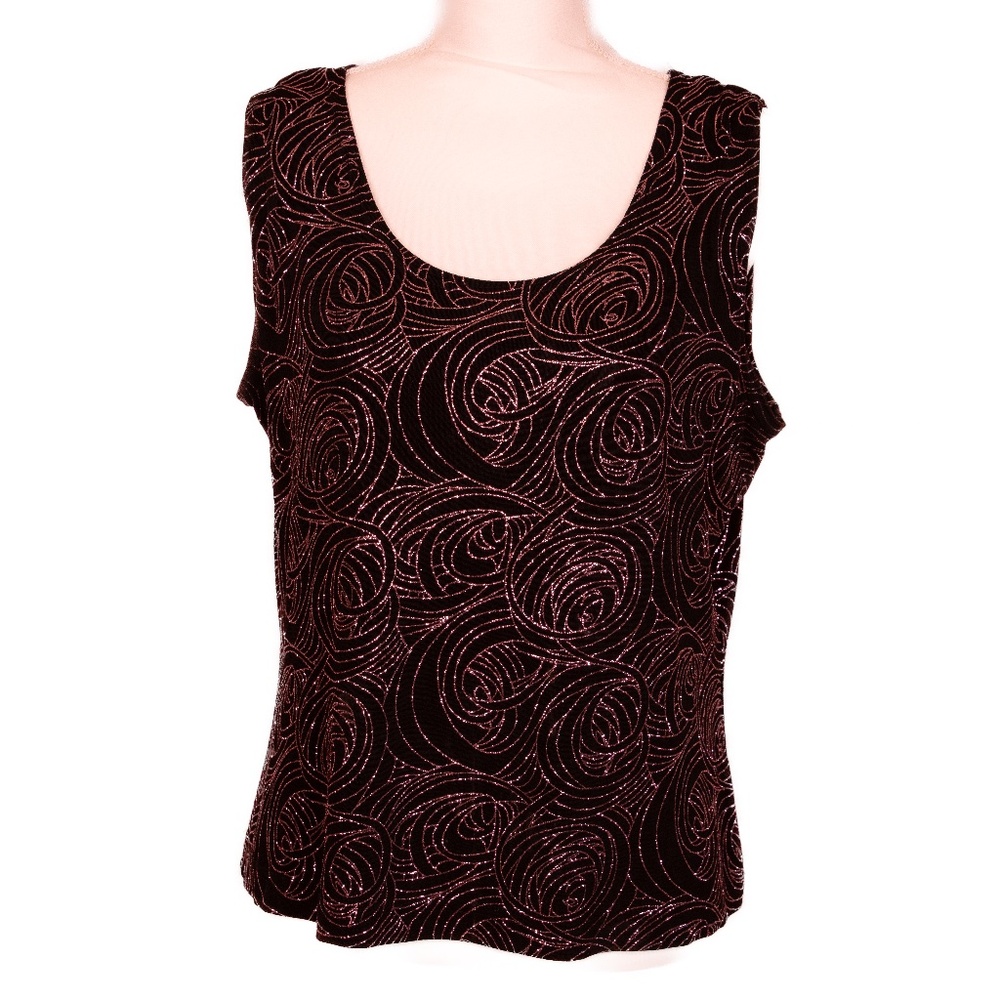 Ronni Nicole by Ouida Black & Metallic Rose Mesh Sleeveless Tank Top, Size L.